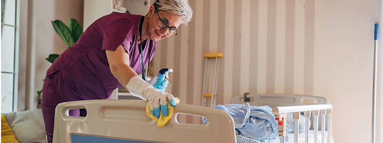 Eine Frau reinigt ein Kinder-Krankenhausbett.