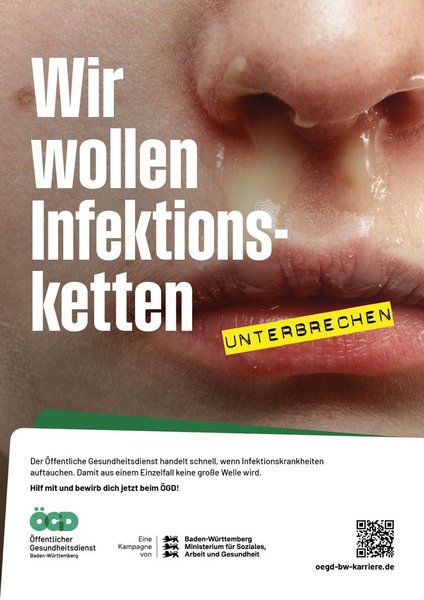 Gesichtsausschnit mit laufender Nase und der Aufschrift "Wir wollen Infektionsketten durchbrechen". 