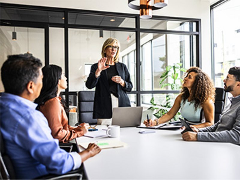 Vier Personen sitzen an einem Konferenztisch und hören dem Vortrag einer Frau zu.